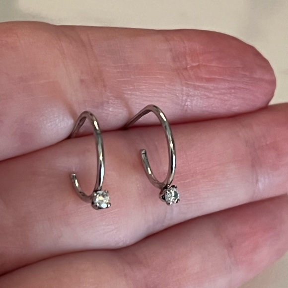 Dainty Silver Huggie Drop Hoop Earrings - Picture 5 of 6